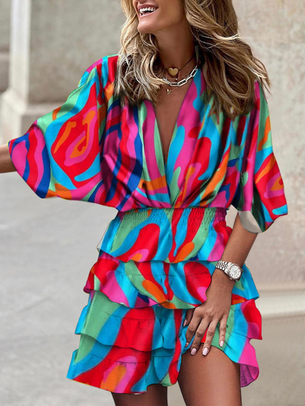 Dolman sleeve V-neck print irregular hem dress