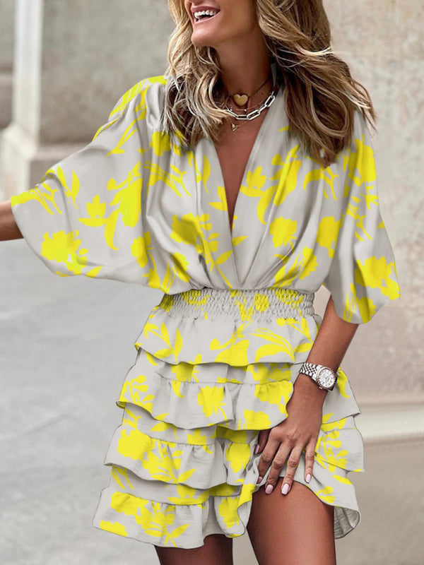 Dolman sleeve V-neck print irregular hem dress