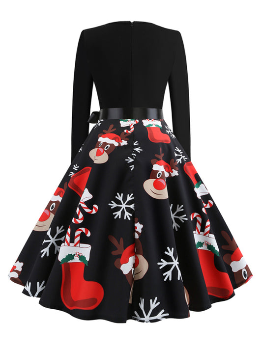 Christmas Reindeer Print Party Swing Dress