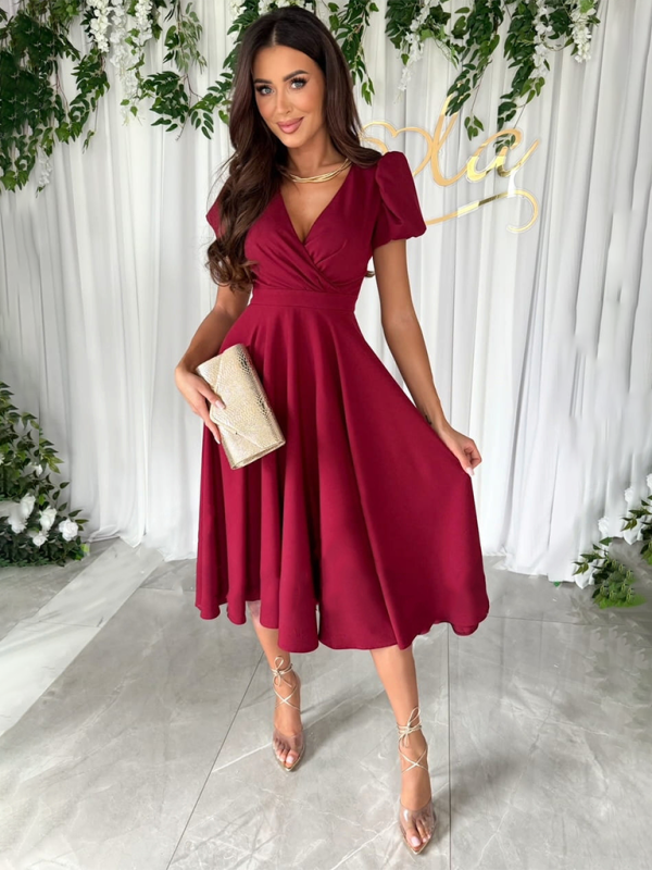 New Commuting Solid Color V-Neck Waist Puff Sleeve Swing Dress