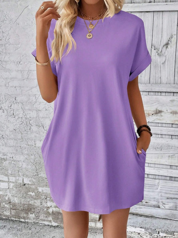 New spring and summer solid color round neck loose short sleeve pocket dress