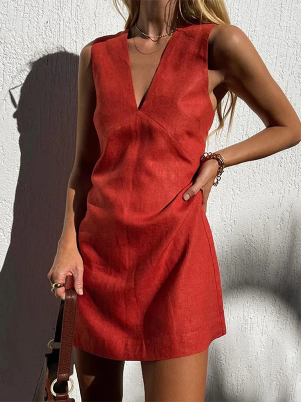 Women's V-neck solid color slim vest sleeveless dress