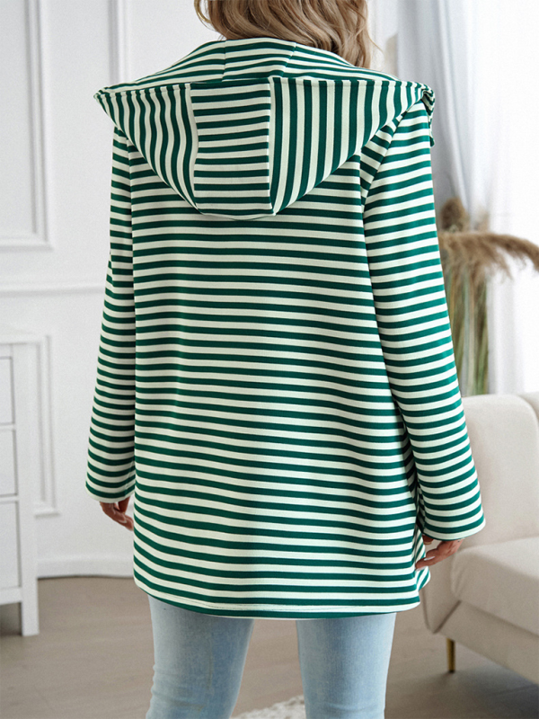 New Striped Cardigan Hooded Knit Long Sleeve Coat