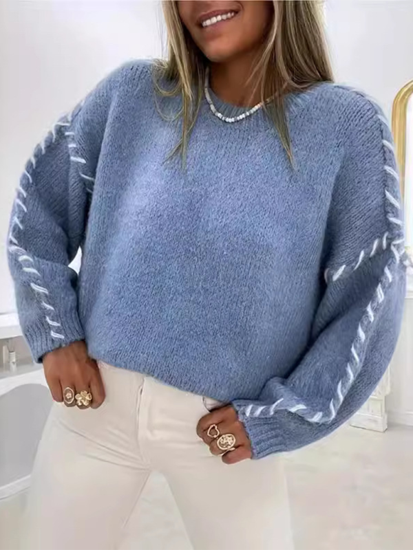 Women's Fashion Pullover Solid Color Round Neck Long Sleeve Drawstring Loose Knitted Sweater