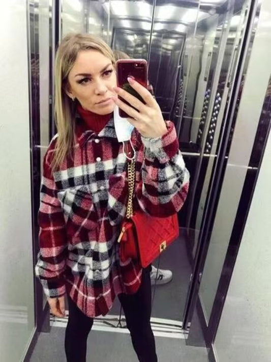 Plaid loose shirt-style woolen coat