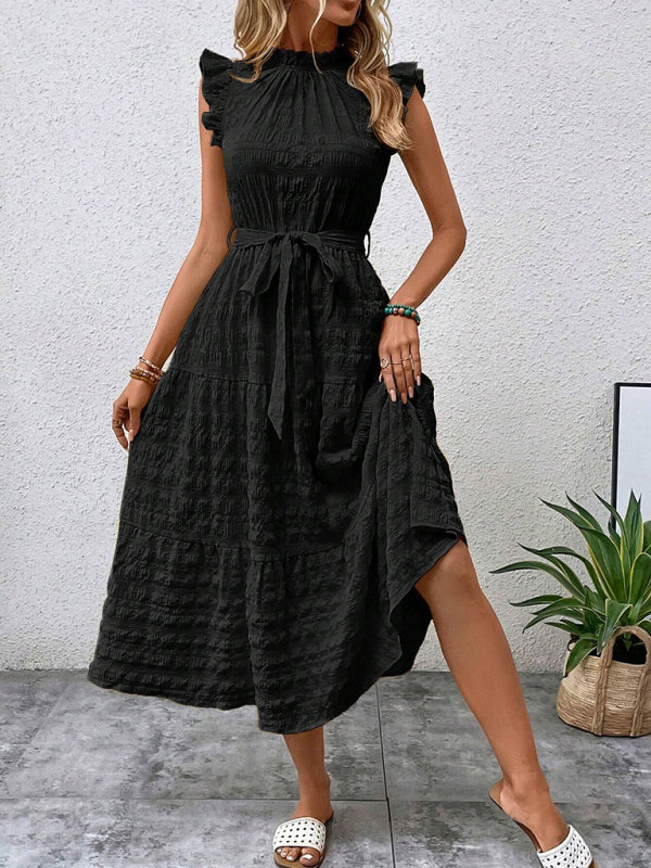 New Fashion Ruffled Flying Sleeve Lace-up Textured Dress