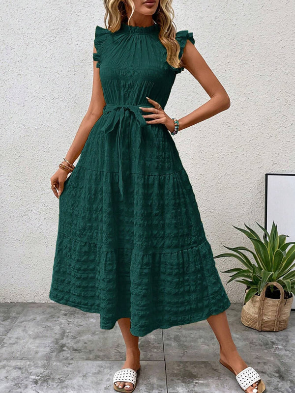 New Fashion Ruffled Flying Sleeve Lace-up Textured Dress