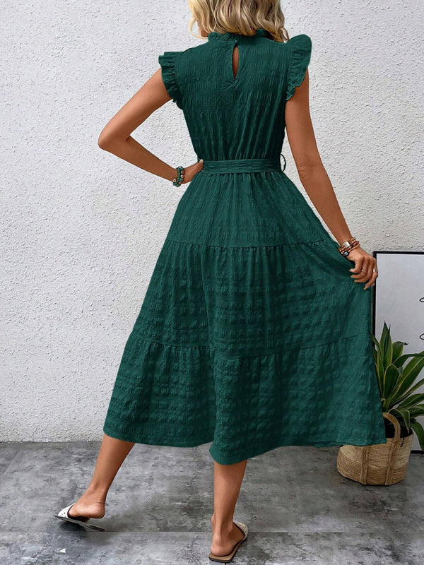 New Fashion Ruffled Flying Sleeve Lace-up Textured Dress