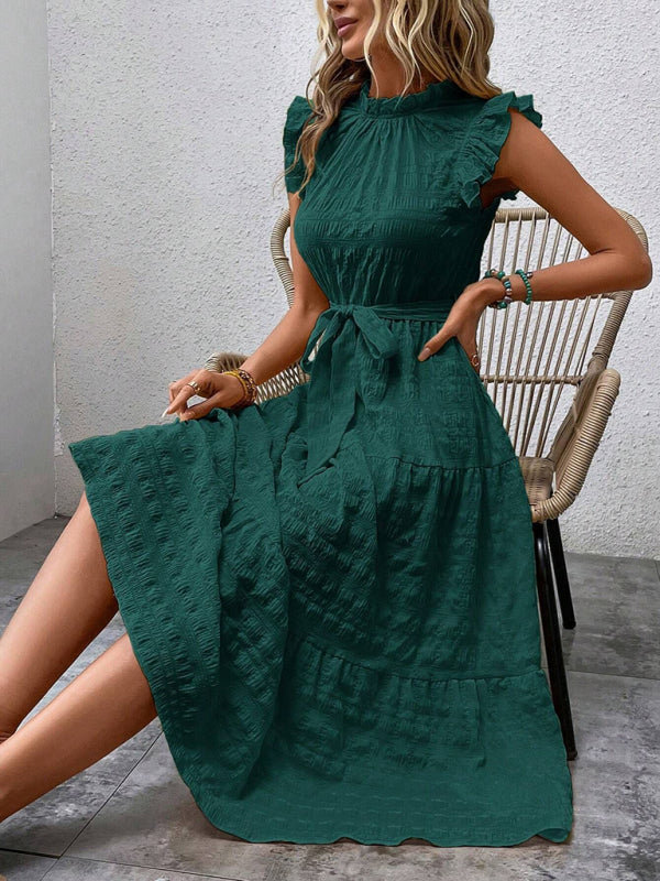 New Fashion Ruffled Flying Sleeve Lace-up Textured Dress