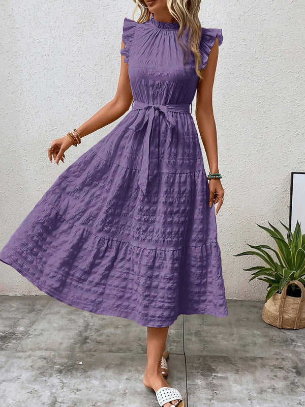 New Fashion Ruffled Flying Sleeve Lace-up Textured Dress