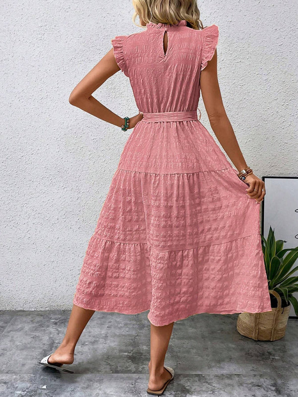 New Fashion Ruffled Flying Sleeve Lace-up Textured Dress