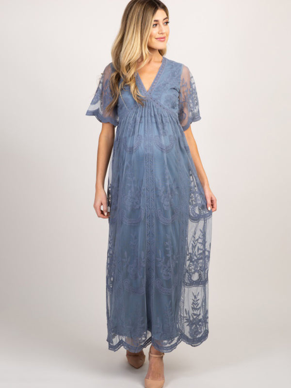 Maternity clothes-Woven short-sleeved V-neck lace long dress