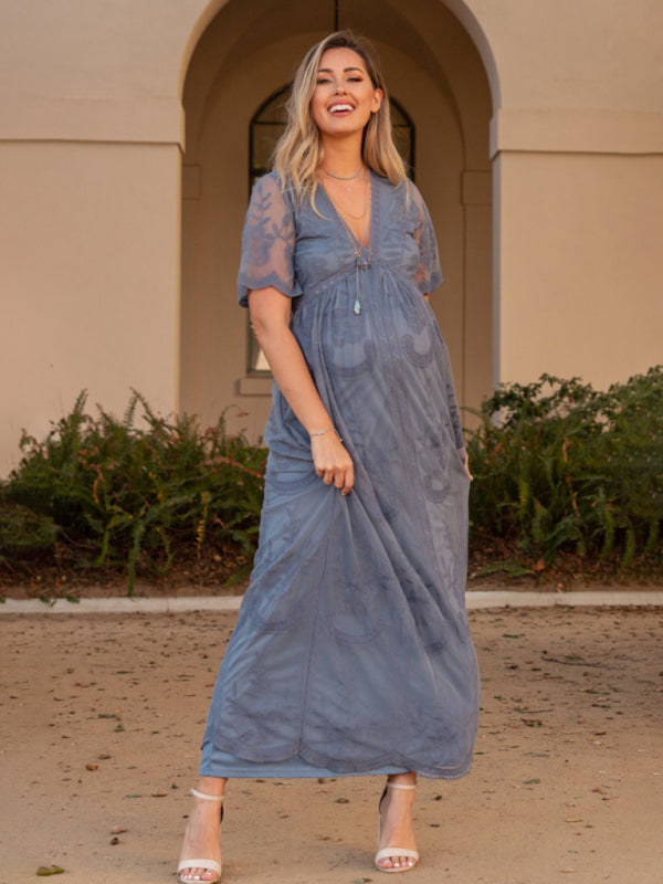 Maternity clothes-Woven short-sleeved V-neck lace long dress