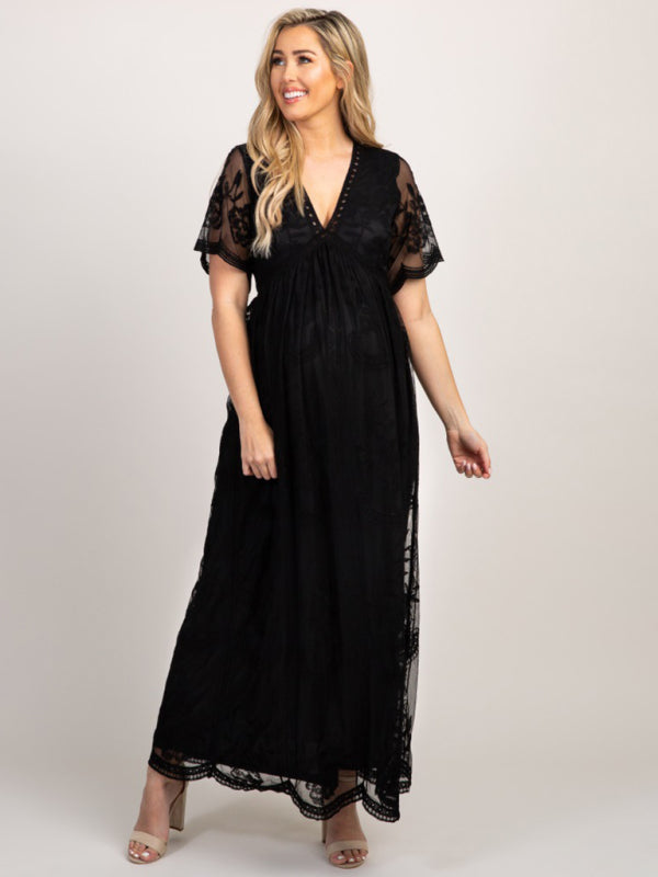 Maternity clothes-Woven short-sleeved V-neck lace long dress