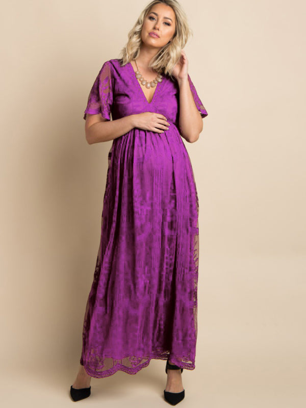 Maternity clothes-Woven short-sleeved V-neck lace long dress