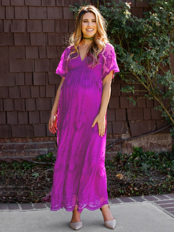 Maternity clothes-Woven short-sleeved V-neck lace long dress