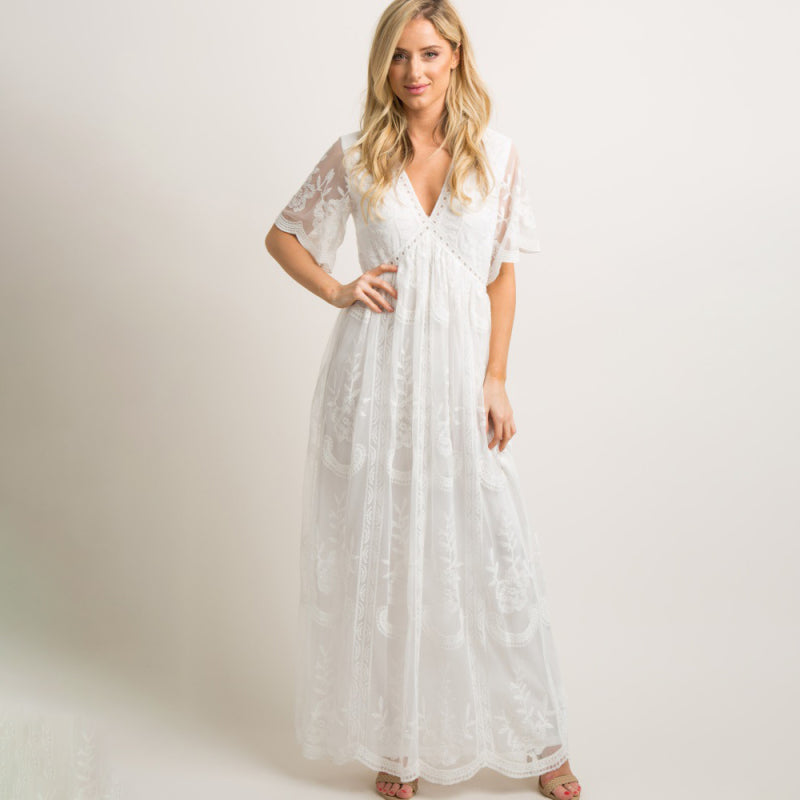 Maternity clothes-Woven short-sleeved V-neck lace long dress