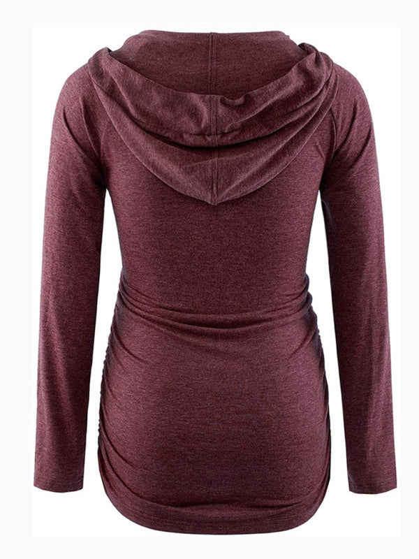 Maternity solid color hooded pocket long-sleeved T-shirt