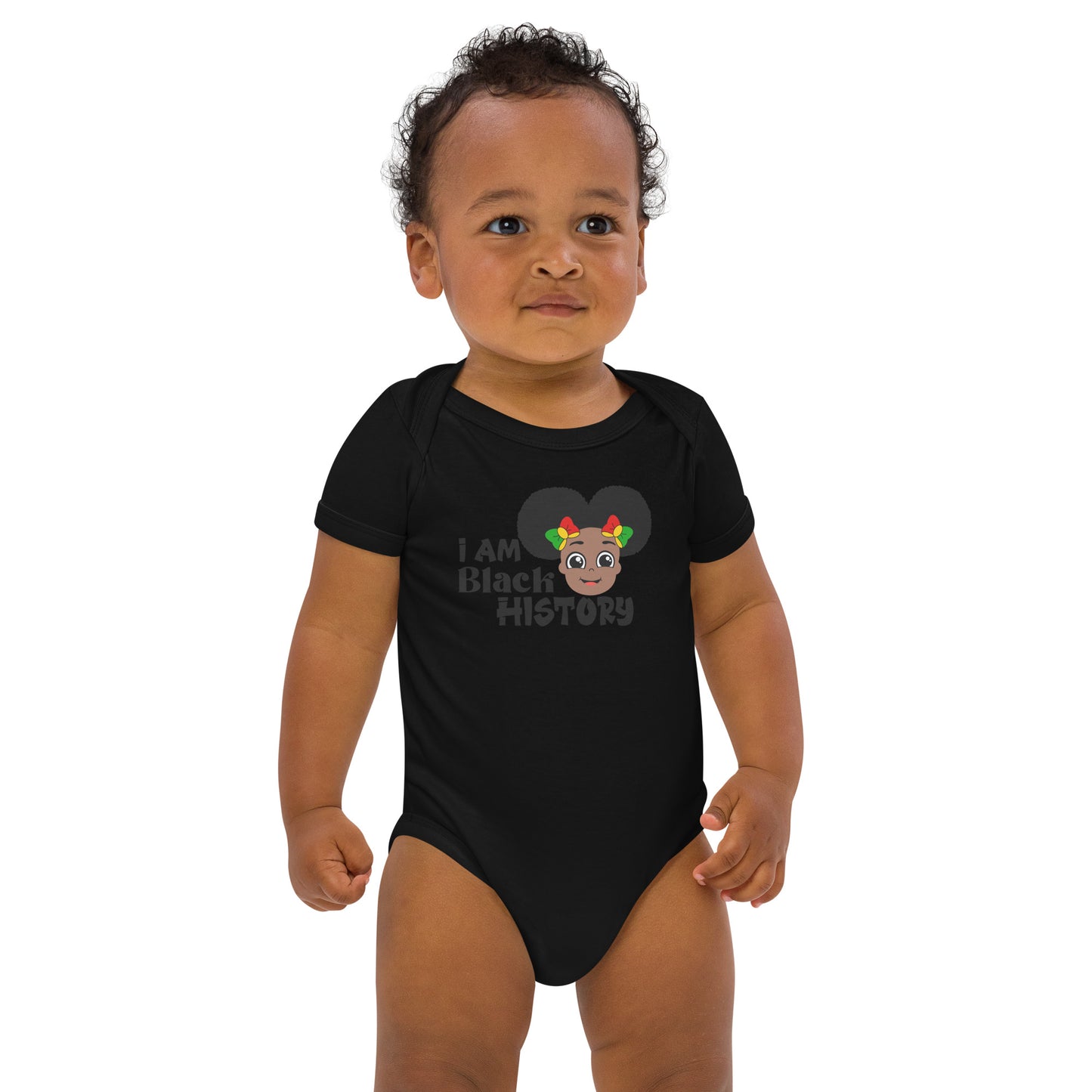 Organic cotton baby bodysuit - I Am Black History Month (Girl with Afro Puffs)