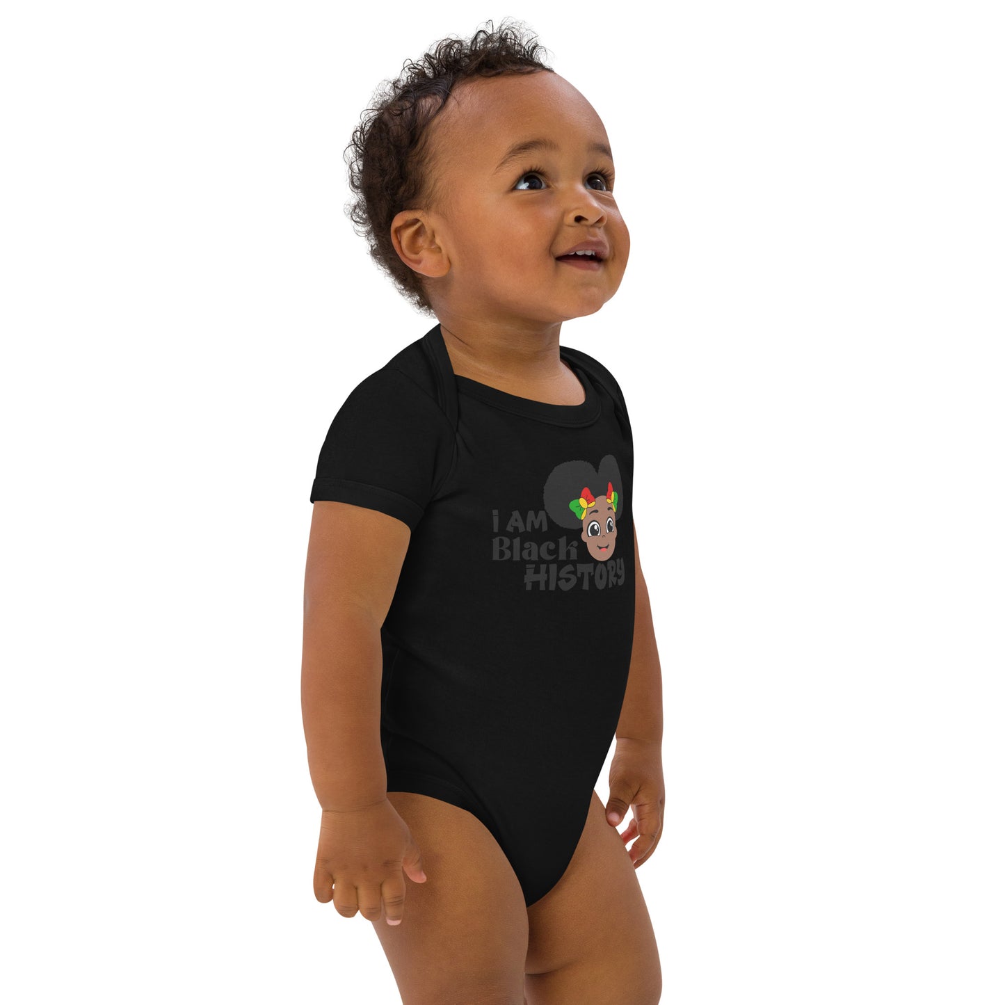 Organic cotton baby bodysuit - I Am Black History Month (Girl with Afro Puffs)