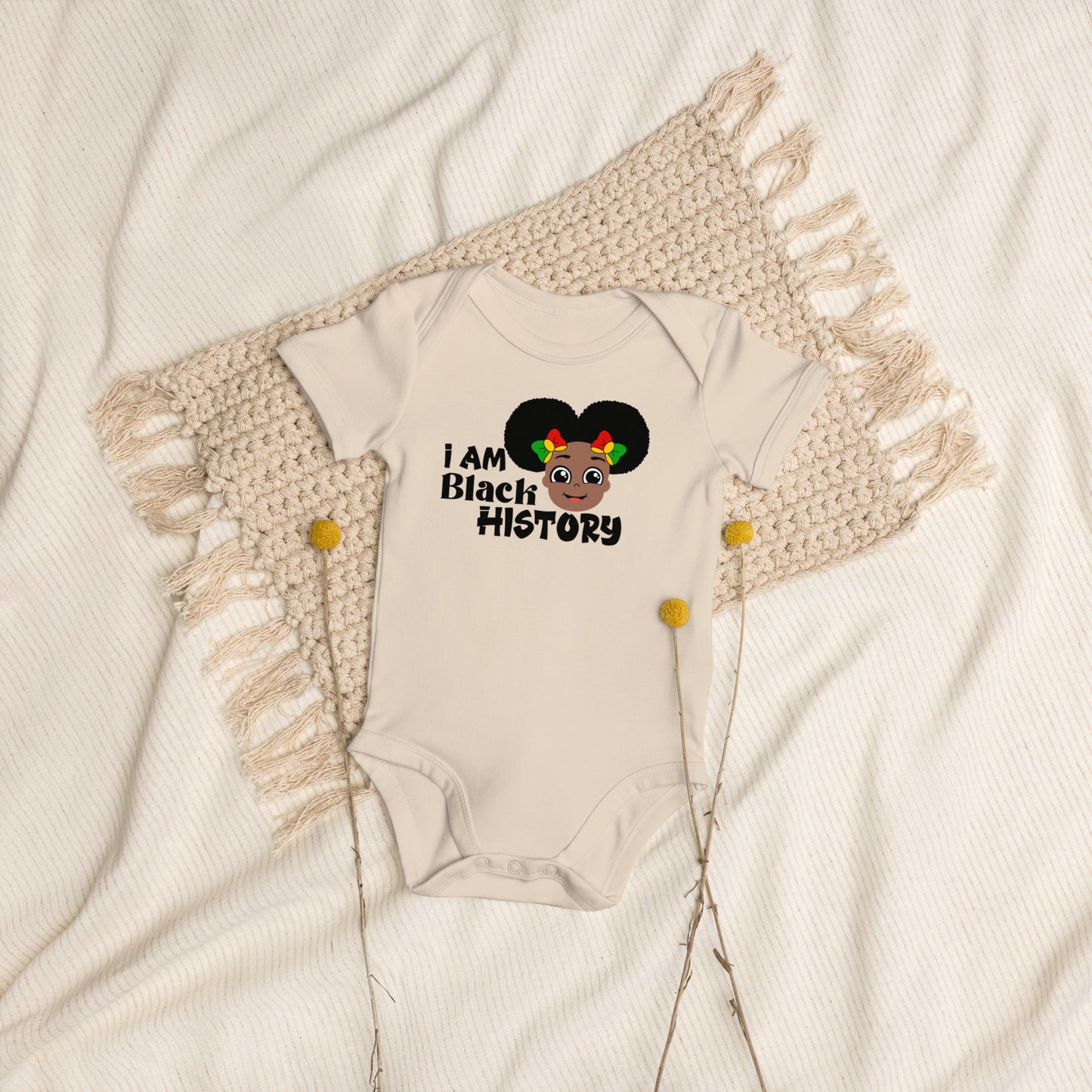 Organic cotton baby bodysuit - I Am Black History Month (Girl with Afro Puffs)