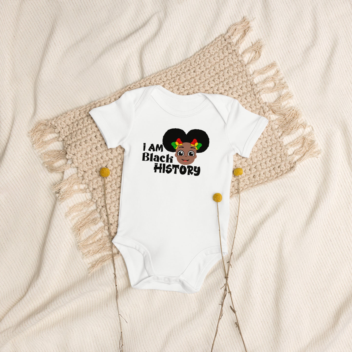 Organic cotton baby bodysuit - I Am Black History Month (Girl with Afro Puffs)