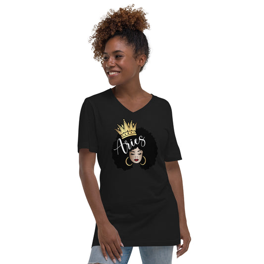 Women's Short Sleeve V-Neck T-Shirt - Aries Afro Queen