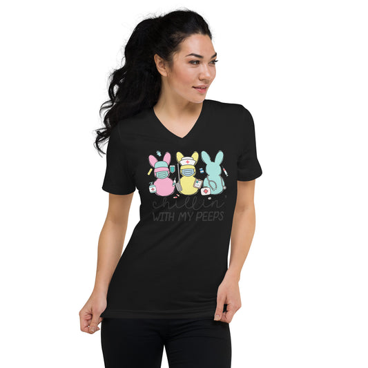 Unisex Short Sleeve V-Neck T-Shirt - Chillin' With My Peeps