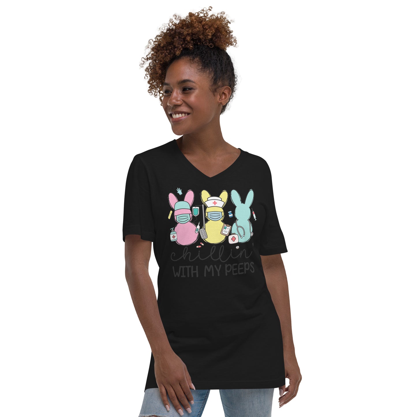 Unisex Short Sleeve V-Neck T-Shirt - Chillin' With My Peeps