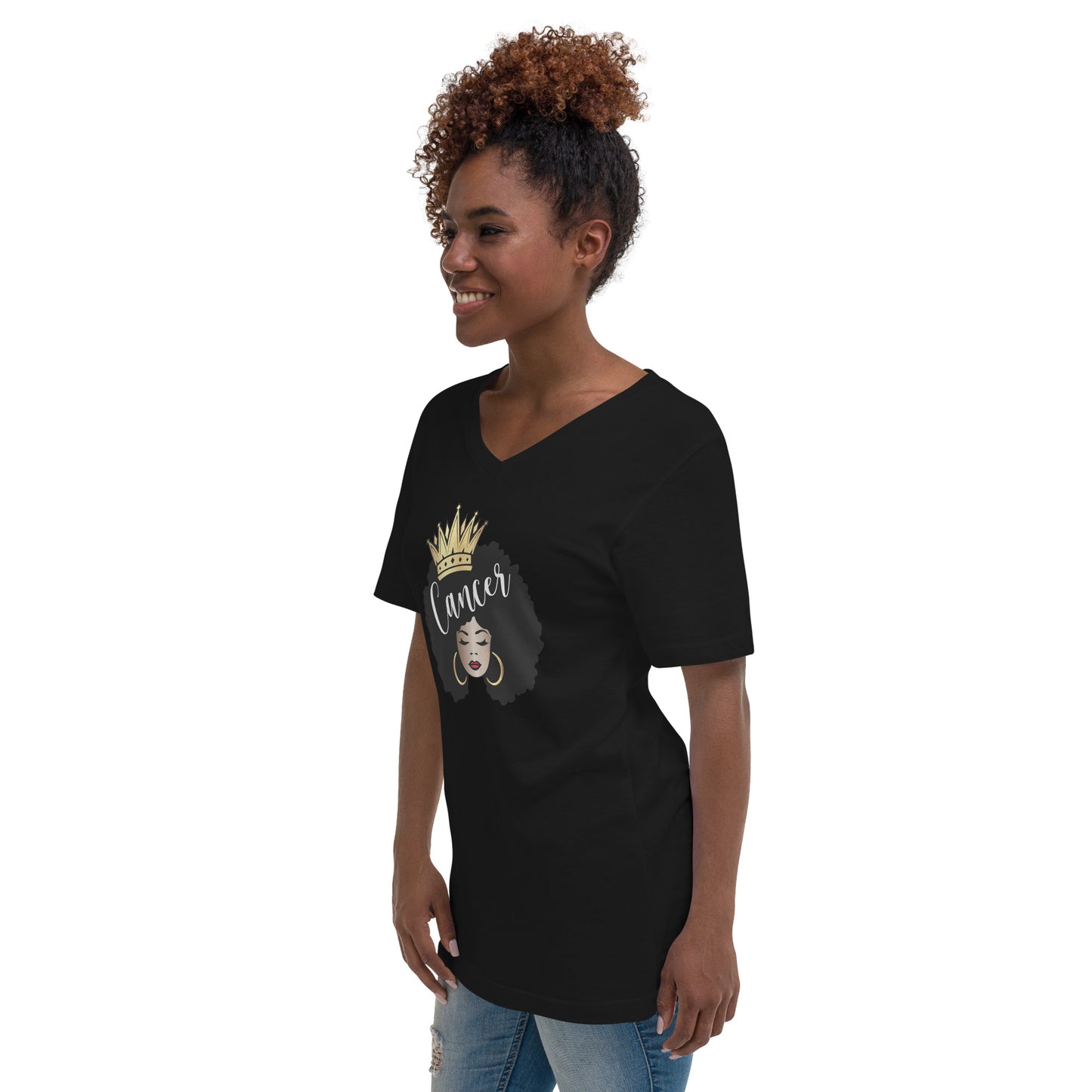 Women's Short Sleeve V-Neck T-Shirt - Cancer Afro Queen