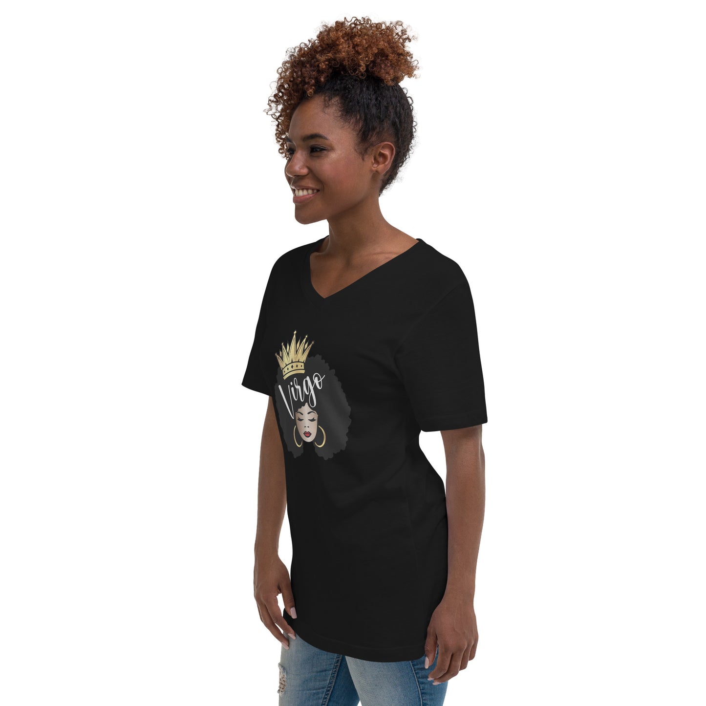 Women's Short Sleeve V-Neck T-Shirt - Virgo Afro Queen