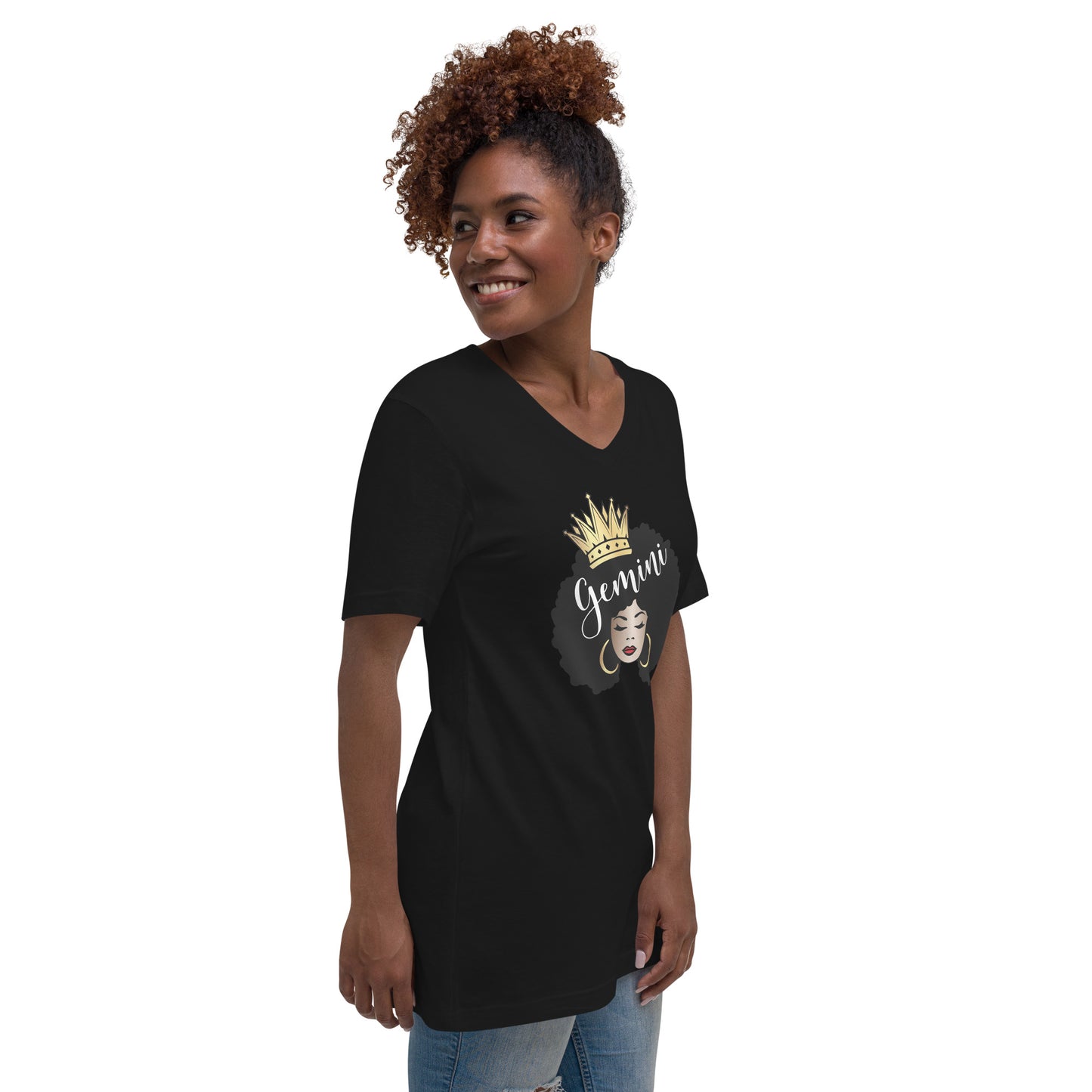 Women's Short Sleeve V-Neck T-Shirt - Gemini Afro Queen