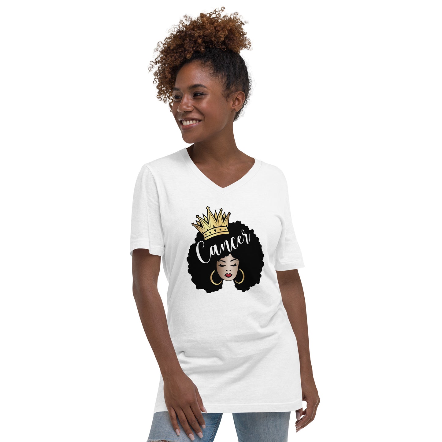 Women's Short Sleeve V-Neck T-Shirt - Cancer Afro Queen