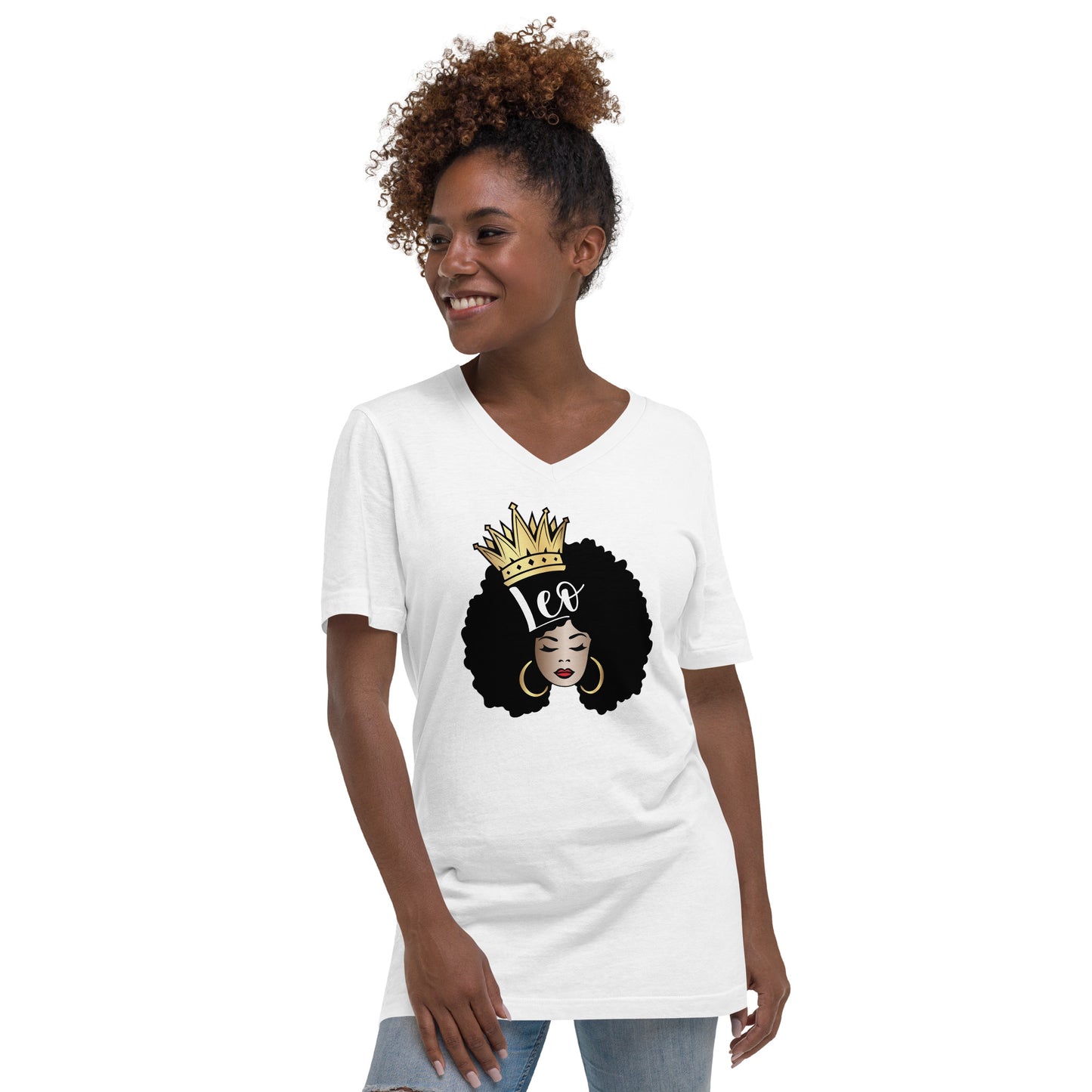 Women's Short Sleeve V-Neck T-Shirt - Leo Afro Queen