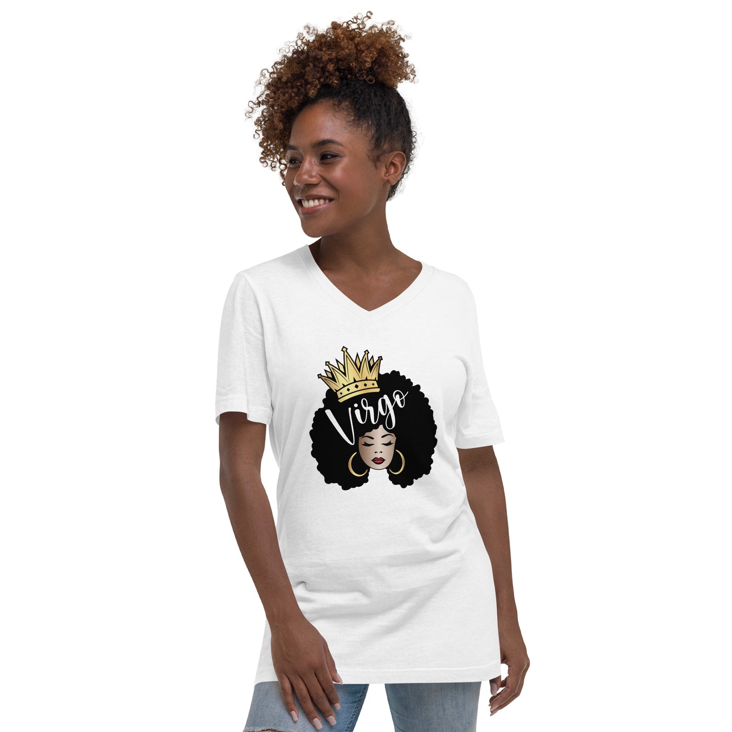 Women's Short Sleeve V-Neck T-Shirt - Virgo Afro Queen