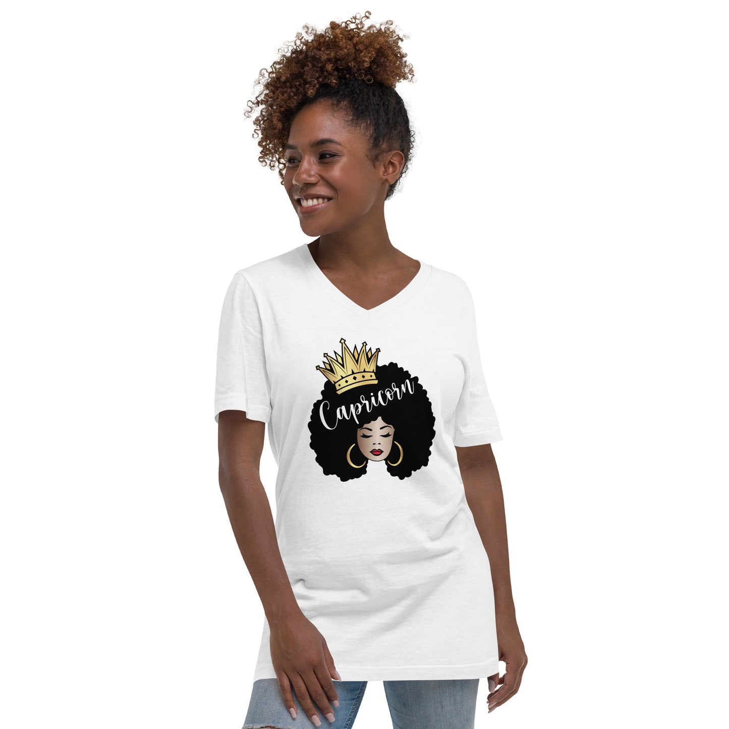 Women's Short Sleeve V-Neck T-Shirt - Capricorn Afro Queen