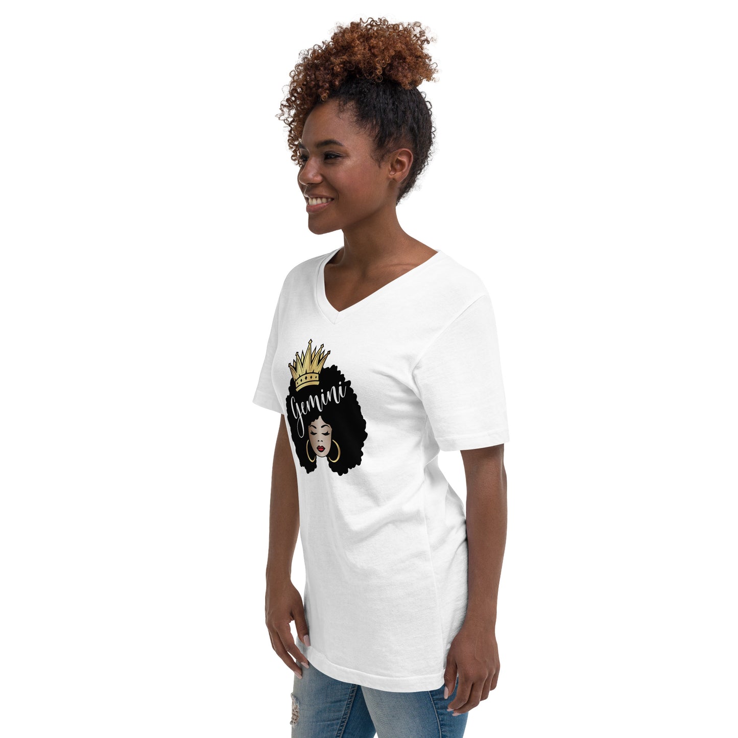 Women's Short Sleeve V-Neck T-Shirt - Gemini Afro Queen