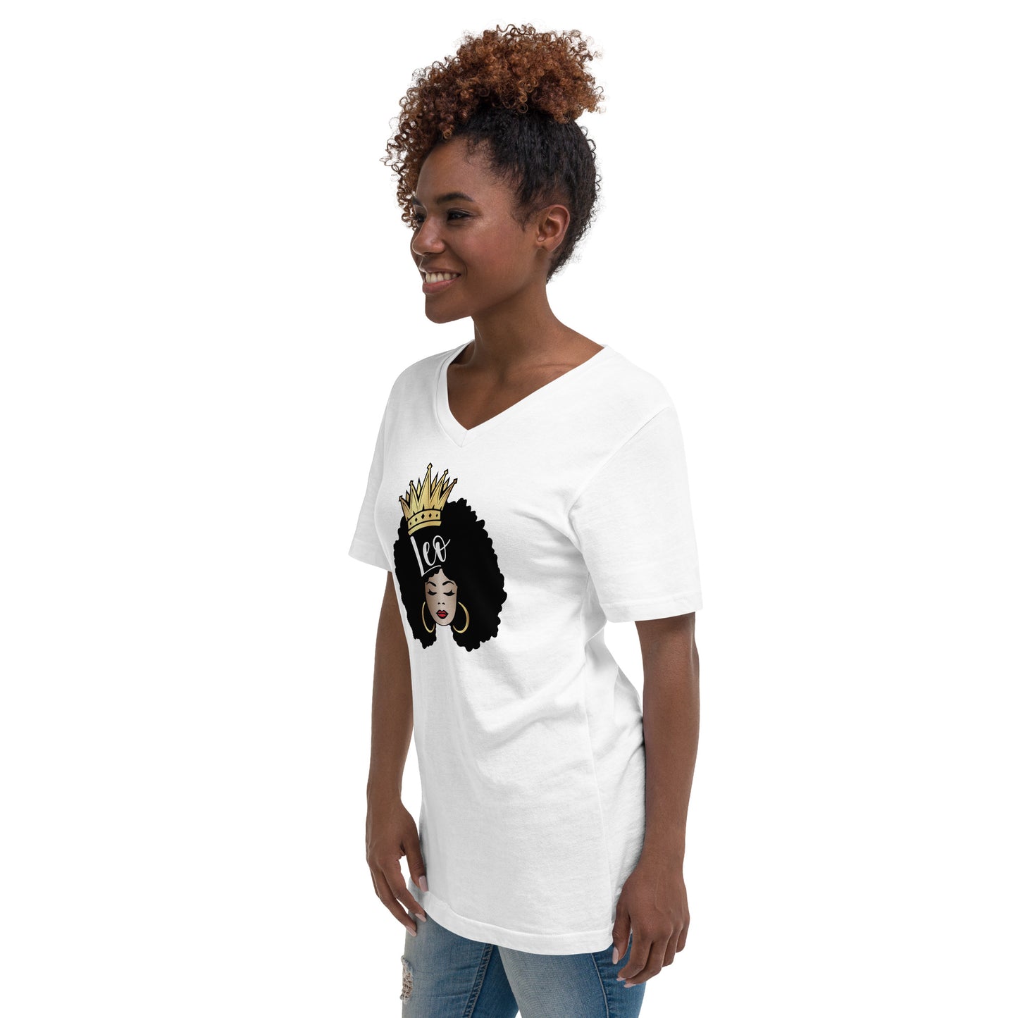 Women's Short Sleeve V-Neck T-Shirt - Leo Afro Queen