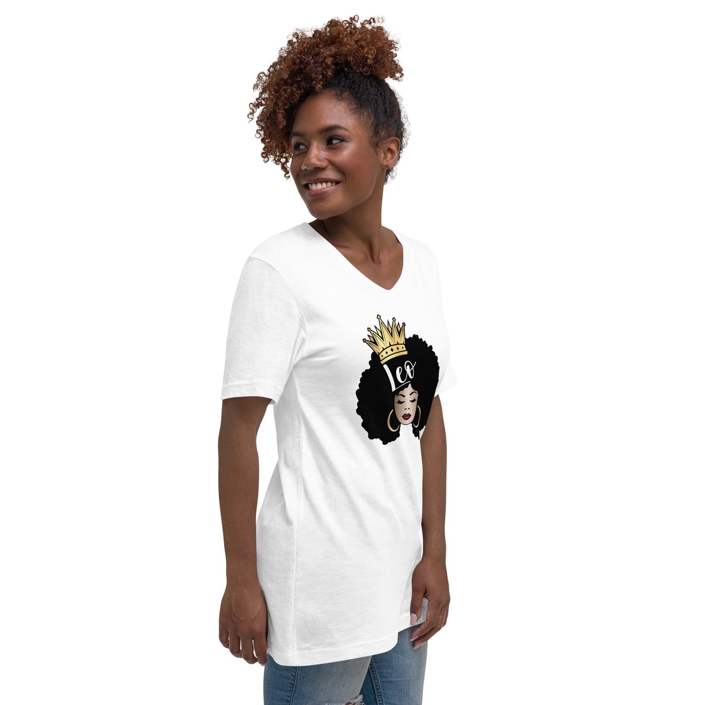 Women's Short Sleeve V-Neck T-Shirt - Leo Afro Queen